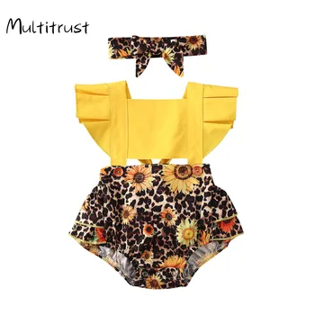 Multitrust 2020 Sestra Ujemanje Oblačila Baby Dekleta Poletje Obleko / Jumpsuits Leopard Sončnično Obleke Otroška Oblačila Nastavi 1-5Y