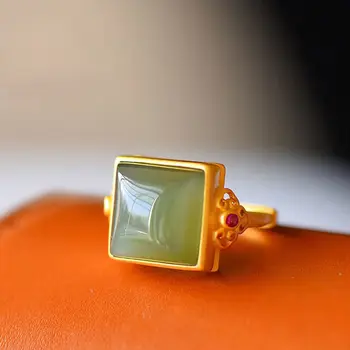 Naravni Jasper kvadratnih geometrijske odpiranje nastavljiv prstan Kitajski slog antične palače slog zlato craft ženske srebrni nakit