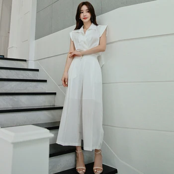 Nov prihod moda poletje jumpsuits ženske elegantne šifon brez rokavov urad dama temperament priložnostne preprosto belo jumpsuits