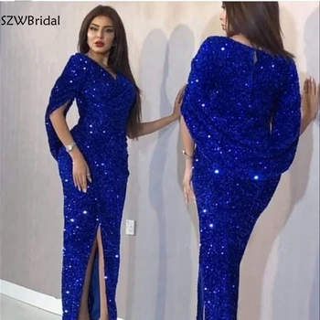 Nov Prihod V Vratu Kraljevsko modra Muslimanskih večer stranka obleko 2021 Sequined čipke večerne obleke Dolgo Haljo de soiree