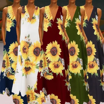 Nova Plus Velikost Obleko Vestidos Žensk Natisnjeni Sundress Moda Bohemain Priložnostne Maxi Obleko brez Rokavov V Vratu Poletje Haljo Femme