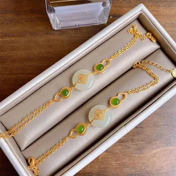 Novo vdelan naravnih Hotan Chalcedony gourd Zapestnica Kitajski retro slogu edinstveno stari zlato obrti čar ženske blagovne znamke nakit