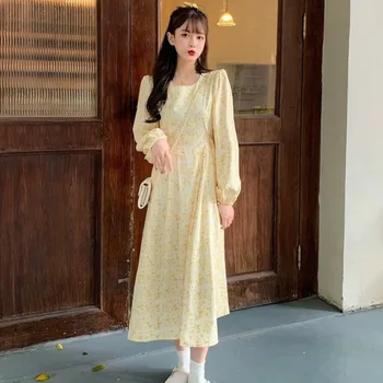 Obleka Ženske Kvadratnih Ovratnik Puff Rokav Visoko Pasu Svoboden Feminino Vestidos Elegantno Korejskem Slogu Temperament Priložnostne Ponudbe Moda