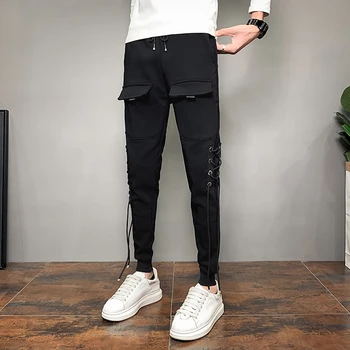Osebnost Strani Drawstrings Dekor Harem Hlače Moški Oblačila 2020 Moda Preprost Korejski Slim Fit Priložnostne Joggers Hlače Črne 36
