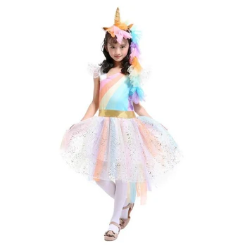 Otroci dekliška Samorog obleko za noč Čarovnic počitnice stranka cosplay obleko +glavo malo dekleta mavrica unicornio princesa vestido
