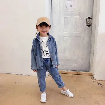 Otrok Kompleti Oblačil 2019 Jeseni Mode Otroci Jeans bo Ustrezala Fantje Dekleta Denim Blue Coat+Jeans Hlače 2pc Malčka, Oblačila Za 2-7Yrs