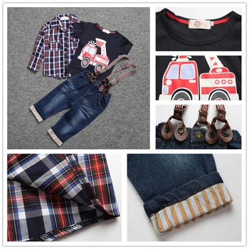 Otrok kompleti oblačil za pomlad fant obleko z dolgimi rokavi kariran majice + avto tisk t-shirt + kavbojke 3pcs otroci Obleko Padec