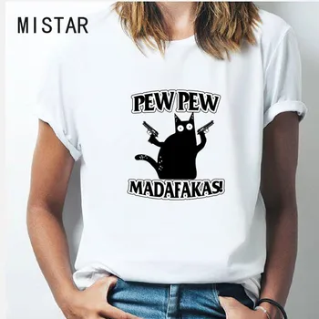 Pew Pew Madafakas Ženske T Shirt tiskanje Novost Smešno Mačka Risanka Tshirt Harajuku Kratek Rokav Živali T-shirt Poletne Obleke