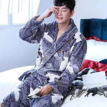 Plus Velikost Priložnostne Nightgown Kitajskih Moških Priložnostne Flanela Zmaj Žerjav Haljo Pozimi Debel Toplo Sleepwear Svoboden Kimono kopalni plašč 3XL