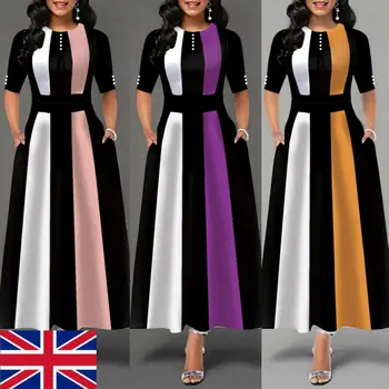 Plus Velikost Womens Vintage Swing Dolgo Obleko Dame Pol Rokav Večer Stranka Drsalec Ženske Elegantne Maxi Obleke UK
