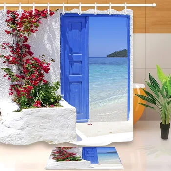 Rdeči Cvet Modro grški Vrata s Pogledom na Morje, na Otok Tuš Zavesa S Kopalnico Mat Nastavite Nepremočljiva Tkanine Za Kad Dekor