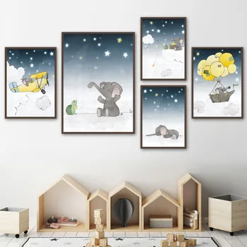 Risanka Slon Luna Star Baby Živali Wall Art Platno Slikarstvo Nordijska Plakatov In Fotografij Stenske Slike Za Otroke Sobi Doma Dekor
