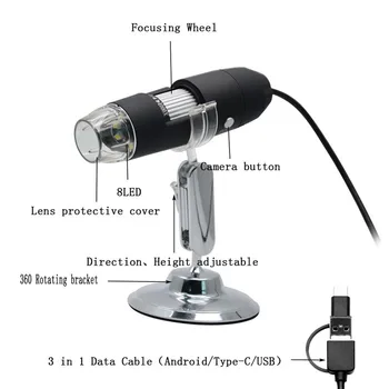 Ročni HD 2.0 MP 1000X 3 V 1 WiFi USB Android Tip-c Stereo Mikroskop Elektronski Digitalni Mikroskop 1920*1080P Ločljivosti