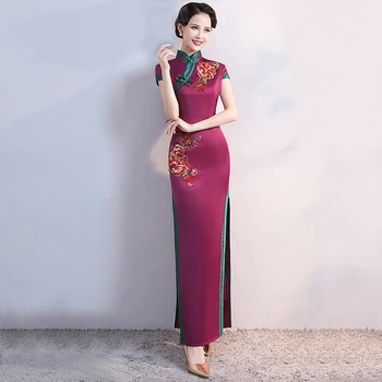 S-4XL Grren Stranka Cheongsam Letnik Kitajski Stil Pomlad Dolgo Večerno Obleko Orientalski Ženska Elegantna Qipao Vestido Plus Velikost