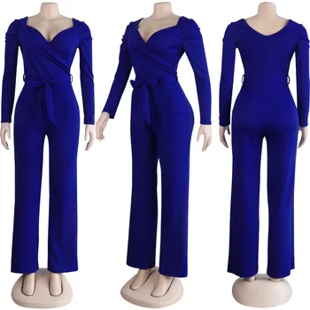 Seksi Jumpsuit Ženske Urad Elegantno Dolgo Jumpsuits Plus Velikost V Vratu Čipke Solid Blue Ženski Kombinezon Moda Prevelik Igralne Obleke
