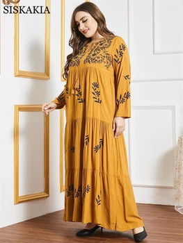 Siskakia Etnične Vezene Maxi obleke za Ženske Udobno Viskoze O Vratu Dolg Rokav Plus Velikost arabsko Muslimanskih Oblačil Rumena