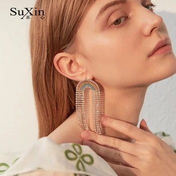 SuXin uhani 2020 novo preproste barve tassel temperament uhani za ženske dolgo kristalni obesek, uhani nakit darilo