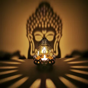Svečnik Buda Maslo Olje Lučka Sedi Buda Lotus Funkcija Kovinski Votlih Vklesan Svetlobe in Sence Umetnosti Svečnik