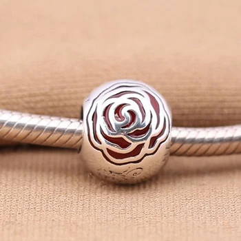 Verodostojno 925 Sterling Srebro Belle Začaran rose silver čar z rdečo emajl Fit Zapestnico pandora & Ogrlica za Ženske, Nakit