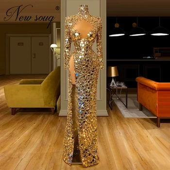 Vestidos De Noche Arabski Zlato, Kristali Večerne Obleke 2021 Po Meri Sparkly Dubaj Stranka Obleko Beading Maturantski Halje Celebrity Obleko
