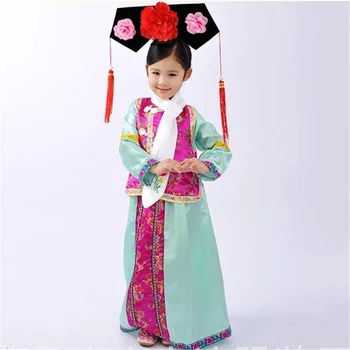 Visoko Kakovostni Svilene Tkanine Vezenje Otrok Starih Kostum Kitajska Dinastija Qing Zen Mozaic Hanfu Manchu Zastavo Obleko Dekle Foto Prop