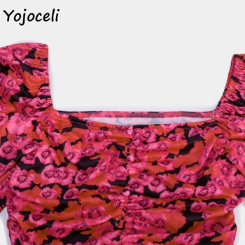 Yojoceli puff rokav flroal tiskanja obleka ženske kvadratnih vratu ruffle dveh kosov set stranka obleko klub, obleko