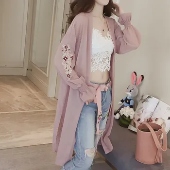 Ženske korejski Flare Rokav Vezenino Šifon Bluzo Kimono Jopico Roza bela Dolgimi Rokavi Ženske Jopice