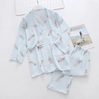 Ženske Novi Japonski Kimono Tradicionalnih Pižamo Nastavite Pomlad Jesen Bombažne Gaze Listov Tiskanje Kopel Paro Oblačila Homewear Yukata