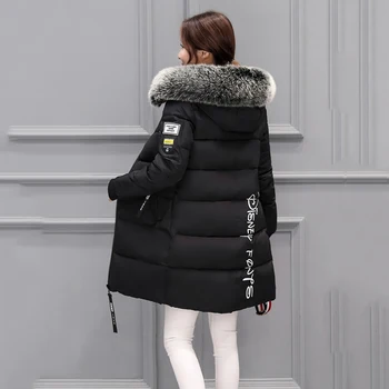 Ženske zimske Outwear korejski Big Krzno Ovratnik Navzdol Bombaž Parka Ženske Slim Mid-Dolgo Moda Suknji Toplo Debele Wadded Jakno Plašč