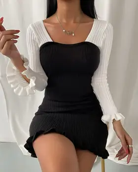 2020 Ženske Modni Elegantno Seksi Rogov Robom Vezane Nazaj Plesti Bodycon Obleko z Dolgimi Rokavi Mini Skinny Mozaik Obleko Rebro-plesti