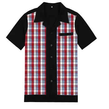 2021 Nove Priložnostne Rock Bowling Moških srajc bluzo ST111 Kratek Rokav Črni Bombaž Letnik Kariran Rokavi Moški