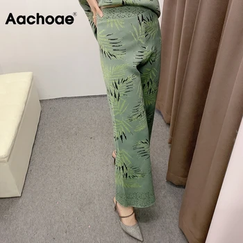 Aachoae Moda Cvetlični Mozaik Pletene Hlače Ženske Dolge Ohlapne Širok Noge Hlače Visoko Pasu Boho Slog Hlače Lady 2020