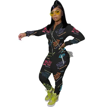 Aktivno Pismo Tiskanja Elastična Sweatsuit Dve Sklop 2 Kos Ženske Fitnes Obleko Hooded Track Suknjič + Hlače Komplet Trenirka