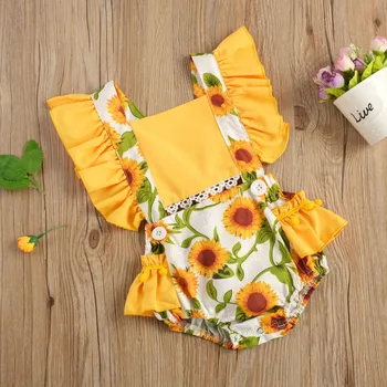 Baby Dekle Romper Cvetlični Sončnično Visoko Pasu Votlih Cvet Natisnjeni Ruffle Letenje Rokav Pocket Jumpsuit Za Dojenčke Obleke Poletje