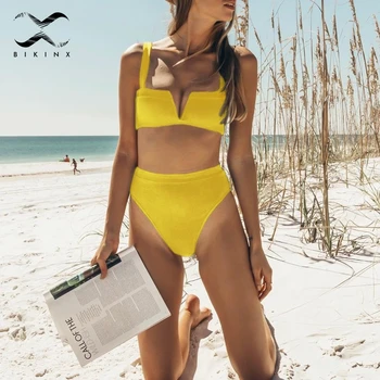Bikinx Strappy globoko v vratu bikini 2019 mujer Push up kopalke trdnih visoko pasu kopalke ženske biquinis Seksi bikini mikro brazilija