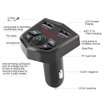 Bluetooth, FM Modulator Brezžični kompletom za Prostoročno 5V 3.1 Dvojni Polnilnik USB Adapter Avdio Avto MP3 Player