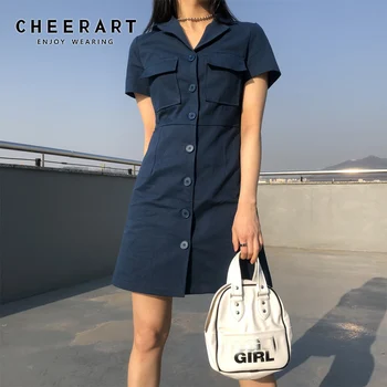 Cheerart Modro Poletje Shirt Obleko 2019 Bodycon Jopič Gumb Obleka Ženske Urad Dama Žep Mini Obleka V Korejskem Slogu