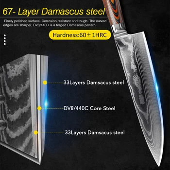Damask Noži za Božič DV8 67Layer Kuhar Nož Japonski Kuhinjski Nož Damask iz Nerjavečega Jekla Ostrimi Noži Micarta Ročaj