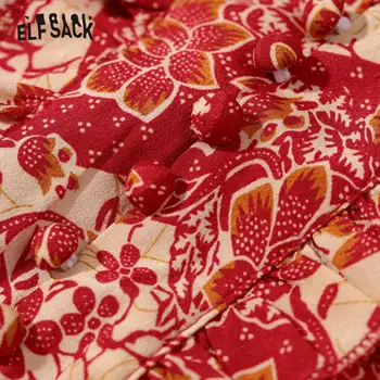 ELFSACK Rdeče Cvjetnim Tiskanja Mozaik Rogov Priložnostne Šifon Obleko Ženske 2020 Poletje ELF Letnik korejski Ladeis Počitnice Ruffle Obleke