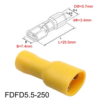 FDFD5.5-250 Ženski Izolirani Električni Crimp Priključek Priključki Kabel Žico Priključek 100 KOZARCEV/Paket AWG 12-10 FDFD