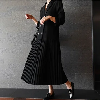 GETSRING Ženske Obleke Dvojno zapenjanje Šifon Nabrano Obleko za Ženske Črna Svoboden Plus Velikost Vintage Obleko Dolgo 2018 Nova Moda