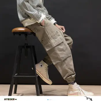 Hybskr Japonski Moški Tovora Hlače Ulične Strani Pocket Moških Joggers Črno Sive Moške Svoboden Hlač Plus Velikost Oblačila