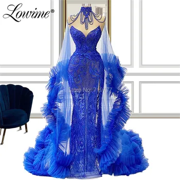 Iluzijo, Kraljevsko Modra Beading Couture Obleke Ženska Stranka Noč Dubaj Haljo De Soiree 2020 Abendkleider Arabski Večerne Maturantski Ples
