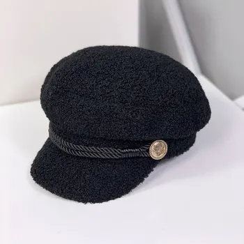 Jagnje kašmir baretka klobuk ženske debel toplo ravno top cap vrha klobuk mornarsko kapo modni vse-tekmo octagonal skp