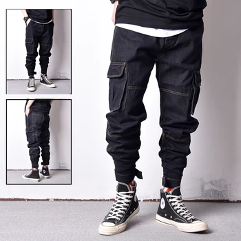 Japonski Slog Letnik Design Moške Jeans Original Barva Razrezana Moda Ohlapno Fit Velik Žep Tovora Hlače Hip Hop Jogger Kavbojke Moški