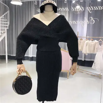 Jeseni bling pletene 2 delni set ženske luč rokav v vratu jopica elastični pas pletene krilo ženski pulover obleko 2019