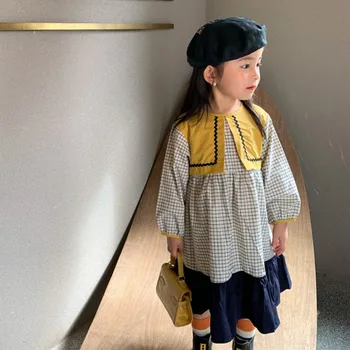 Jeseni Novi korejski Dekleta Kariran Dolg rokav Princesa obleko Modne Bombaž Mozaik Obleke Za Otroka, Dekleta, Otroci obleke