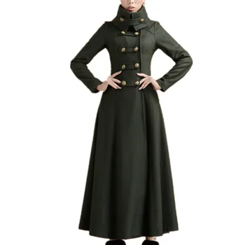 Jeseni, pozimi vojaški slog x-dolge volnene plašč ženske stojalo ovratnik dvojno zapenjanje volne mešanice suknji plus velikost 3XL