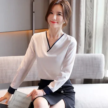 Korejski design jeseni nove ženske kontrast barve šifon shirt majica V-neck majica ženske sladko športna majica