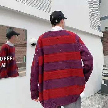 Korejski Slog Raztrgala Sweater Moški Modni Retro Priložnostne Črtasto Pleteno Puloverju Moških Divje Svoboden Pletenje Puloverji Mens Oblačila